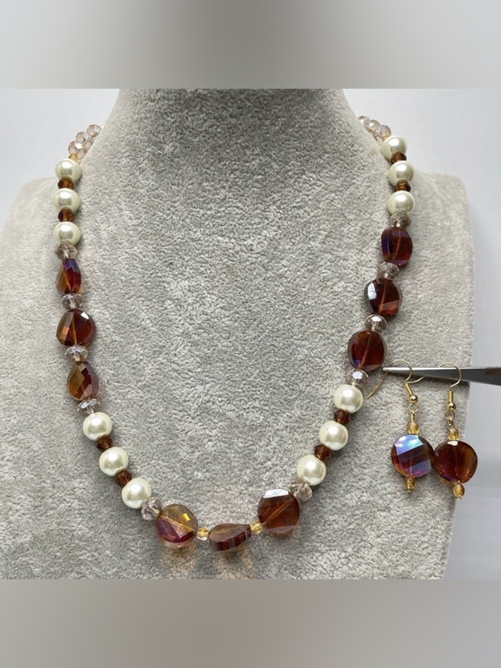 Artisan Amber Color Glass White Faux Pearl Beaded Necklace Earrings Set Stunning
